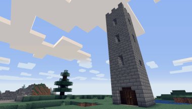 Minecraft Oyun Ocak 04 2021 Minecraft Oyun 3D illüstrasyondaki Basit Taş Kale Örnekleri. Yazı