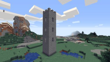 Minecraft Oyun Ocak 04 2021 Minecraft Oyun 3D illüstrasyondaki Basit Taş Kale Örnekleri. Yazı