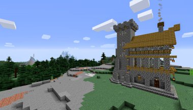 Minecraft Maçı 27 Ocak 2021. Minecraft Oyun 3D illüstrasyonunda Ortaçağ Kalesi 'nden bir örnek. Yazı