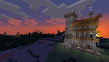 Minecraft Maçı 27 Ocak 2021. Minecraft Oyun 3D illüstrasyonunda Ortaçağ Kalesi 'nden bir örnek. Yazı
