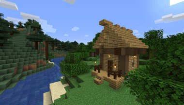Minecraft Maçı 27 Ocak 2021: Minecraft Oyun 3D illüstrasyondaki Basit Taş Kalesi örneği. Yazı 