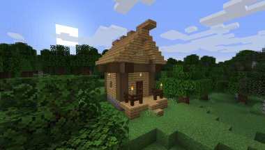 Minecraft Maçı 27 Ocak 2021: Minecraft Oyun 3D illüstrasyondaki Basit Taş Kalesi örneği. Yazı 