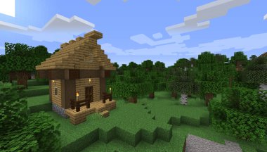 Minecraft Maçı 27 Ocak 2021: Minecraft Oyun 3D illüstrasyondaki Basit Taş Kalesi örneği. Yazı 
