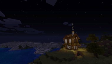Minecraft Maçı 27 Ocak 2020. Minecraft Oyun 3 boyutlu illüstrasyonda basit ahşap ev örneği. Yazı