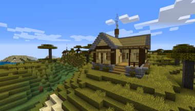 Minecraft Maçı 27 Ocak 2020. Minecraft Oyun 3 boyutlu illüstrasyonda basit ahşap ev örneği. Yazı