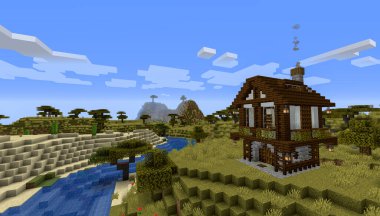 Minecraft Maçı 27 Ocak 2020. Minecraft Oyun 3 boyutlu illüstrasyonda basit ahşap ev örneği. Yazı