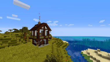 Minecraft Maçı 27 Ocak 2020. Minecraft Oyun 3 boyutlu illüstrasyonda basit ahşap ev örneği. Yazı