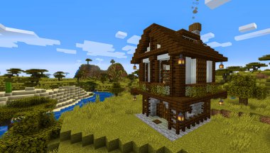 Minecraft Maçı 27 Ocak 2020. Minecraft Oyun 3 boyutlu illüstrasyonda basit ahşap ev örneği. Yazı