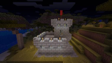 Minecraft Maçı 31 Ocak 2021. Minecraft Oyun 3D illüstrasyonunda Ortaçağ Kalesi 'nden bir örnek. Yazı