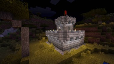Minecraft Maçı 31 Ocak 2021. Minecraft Oyun 3D illüstrasyonunda Ortaçağ Kalesi 'nden bir örnek. Yazı