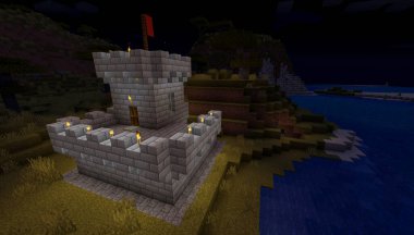 Minecraft Maçı 31 Ocak 2021. Minecraft Oyun 3D illüstrasyonunda Ortaçağ Kalesi 'nden bir örnek. Yazı