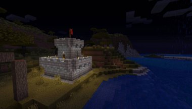 Minecraft Maçı 31 Ocak 2021. Minecraft Oyun 3D illüstrasyonunda Ortaçağ Kalesi 'nden bir örnek. Yazı