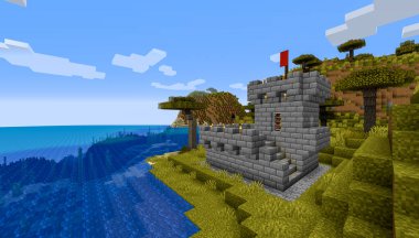 Minecraft Maçı 31 Ocak 2021. Minecraft Oyun 3D illüstrasyonunda Ortaçağ Kalesi 'nden bir örnek. Yazı