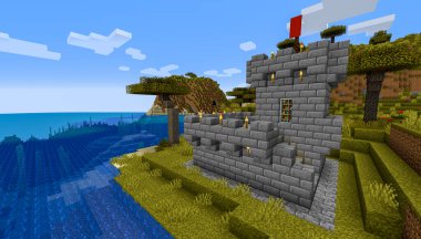 Minecraft Maçı 31 Ocak 2021. Minecraft Oyun 3D illüstrasyonunda Ortaçağ Kalesi 'nden bir örnek. Yazı