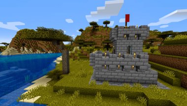 Minecraft Maçı 31 Ocak 2021. Minecraft Oyun 3D illüstrasyonunda Ortaçağ Kalesi 'nden bir örnek. Yazı