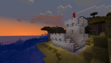 Minecraft Maçı 31 Ocak 2021. Minecraft Oyun 3D illüstrasyonunda Ortaçağ Kalesi 'nden bir örnek. Yazı