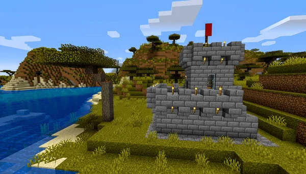 Minecraft Spel Januari 2021 Voorbeeld Van Simply Stone Middeleeuws Kasteel — Stockfoto