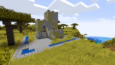 Minecraft Maçı 3 Şubat 2021. Minecraft Oyun 3D illüstrasyonunda Ortaçağ Kalesi 'nden bir örnek. Yazı
