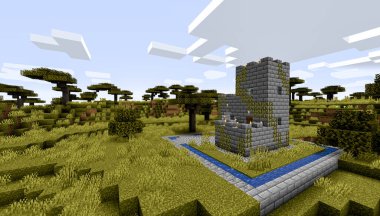 Minecraft Maçı 3 Şubat 2021. Minecraft Oyun 3D illüstrasyonunda Ortaçağ Kalesi 'nden bir örnek. Yazı