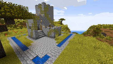 Minecraft Maçı 3 Şubat 2021. Minecraft Oyun 3D illüstrasyonunda Ortaçağ Kalesi 'nden bir örnek. Yazı