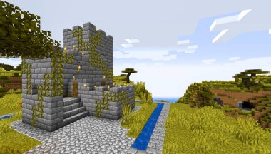 Minecraft Maçı 3 Şubat 2021. Minecraft Oyun 3D illüstrasyonunda Ortaçağ Kalesi 'nden bir örnek. Yazı