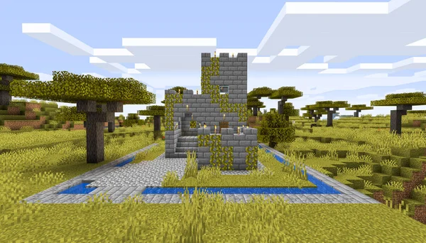 Minecraft Spel Februari 2021 Voorbeeld Van Simply Stone Middeleeuws Kasteel — Stockfoto