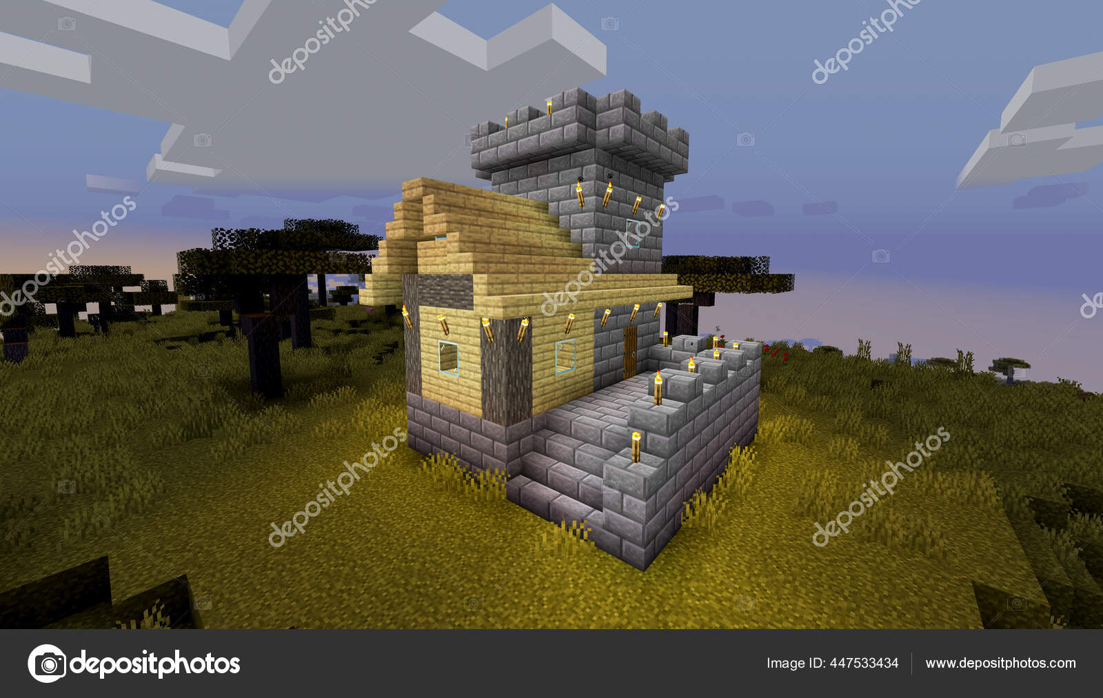 Minecraft Game Fevereiro 2021 Amostra Castelo Medieval Pedra Simples  Ilustração — Fotografia de Stock Editorial © Yuriy_Vlasenko #447533542