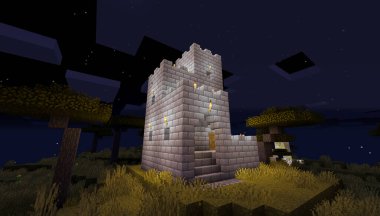 Minecraft Maçı 3 Şubat 2021. Minecraft Oyun 3D illüstrasyonunda Ortaçağ Kalesi 'nden bir örnek. Yazı