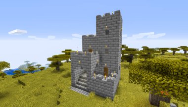 Minecraft Maçı 3 Şubat 2021. Minecraft Oyun 3D illüstrasyonunda Ortaçağ Kalesi 'nden bir örnek. Yazı