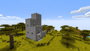 Minecraft Maçı 3 Şubat 2021. Minecraft Oyun 3D illüstrasyonunda Ortaçağ Kalesi 'nden bir örnek. Yazı