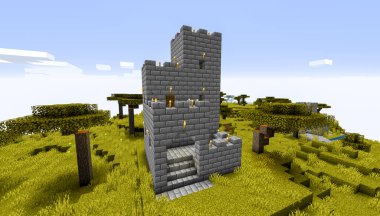 Minecraft Maçı 3 Şubat 2021. Minecraft Oyun 3D illüstrasyonunda Ortaçağ Kalesi 'nden bir örnek. Yazı