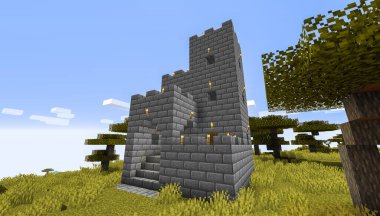 Minecraft Maçı 3 Şubat 2021. Minecraft Oyun 3D illüstrasyonunda Ortaçağ Kalesi 'nden bir örnek. Yazı