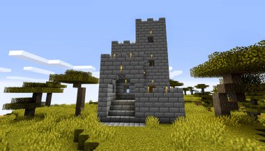 Minecraft Maçı 3 Şubat 2021. Minecraft Oyun 3D illüstrasyonunda Ortaçağ Kalesi 'nden bir örnek. Yazı
