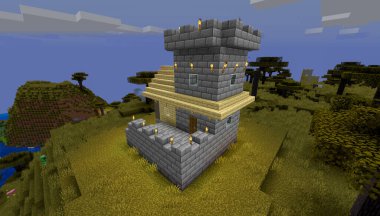 Minecraft Maçı 3 Şubat 2021. Minecraft Oyun 3D illüstrasyonunda Ortaçağ Kalesi 'nden bir örnek. Yazı