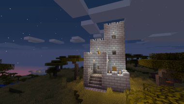 Minecraft Maçı 3 Şubat 2021. Minecraft Oyun 3D illüstrasyonunda Ortaçağ Kalesi 'nden bir örnek. Yazı