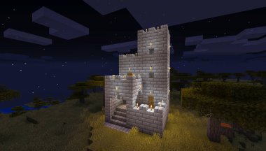Minecraft Maçı 3 Şubat 2021. Minecraft Oyun 3D illüstrasyonunda Ortaçağ Kalesi 'nden bir örnek. Yazı