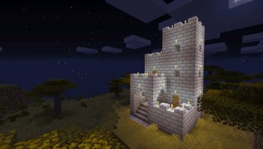 Minecraft Maçı 3 Şubat 2021. Minecraft Oyun 3D illüstrasyonunda Ortaçağ Kalesi 'nden bir örnek. Yazı