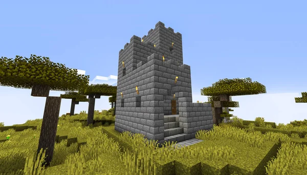 Minecraft Maçı 3 Şubat 2021. Minecraft Oyun 3D illüstrasyonunda Ortaçağ Kalesi 'nden bir örnek. Yazı