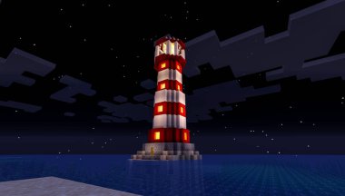Minecraft Maçı 9 Şubat 2021. Minecraft Oyun 3D illüstrasyonunda basit bir deniz feneri örneği. Yazı