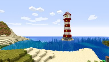 Minecraft Maçı 9 Şubat 2021. Minecraft Oyun 3D illüstrasyonunda basit bir deniz feneri örneği. Yazı
