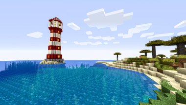 Minecraft Maçı 9 Şubat 2021. Minecraft Oyun 3D illüstrasyonunda basit bir deniz feneri örneği. Yazı