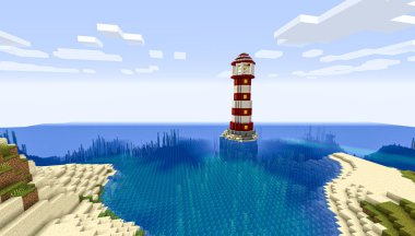 Minecraft Maçı 9 Şubat 2021. Minecraft Oyun 3D illüstrasyonunda basit bir deniz feneri örneği. Yazı