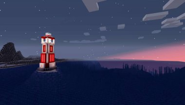 Minecraft Maçı 9 Şubat 2021. Minecraft Oyun 3D illüstrasyonunda basit bir deniz feneri örneği. Yazı