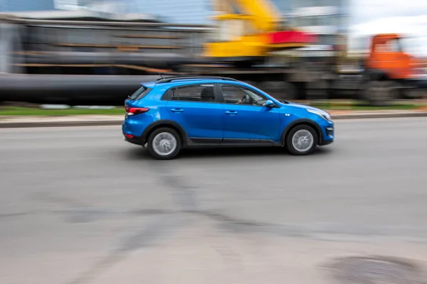 Ukraine Kyiv April 2021 Light Blue Kia Rio Car Moving — Stock Photo, Image