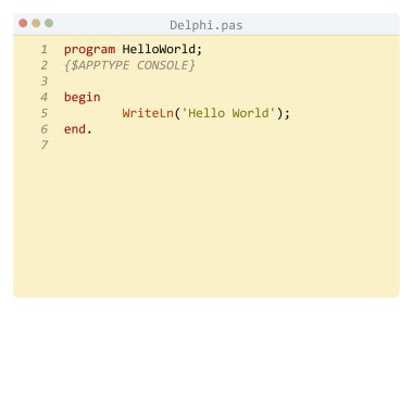 Delphi dili Merhaba Dünya programı örneği düzenleyici penceresinde