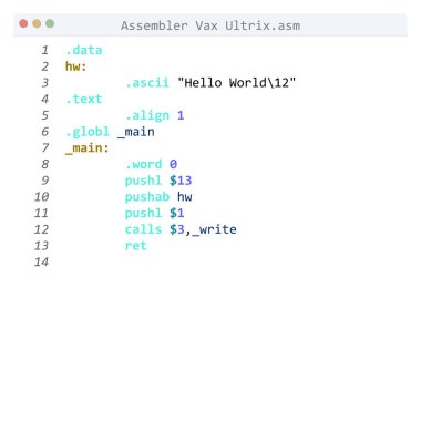 Montaj Vax Ultrix dili Merhaba Dünya programı örneği düzenleyici pencerede
