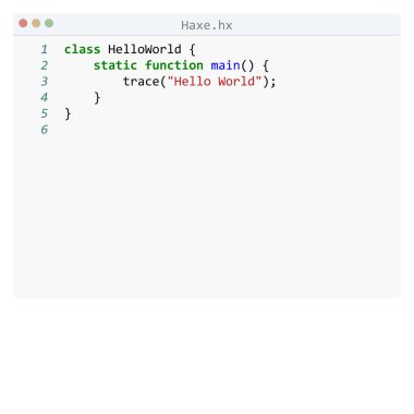 Düzenleyici penceresinde Haxe dili Merhaba Dünya programı örneği