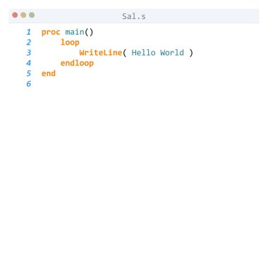 Düzenleyici penceresinde Sal dili Merhaba Dünya programı örneği