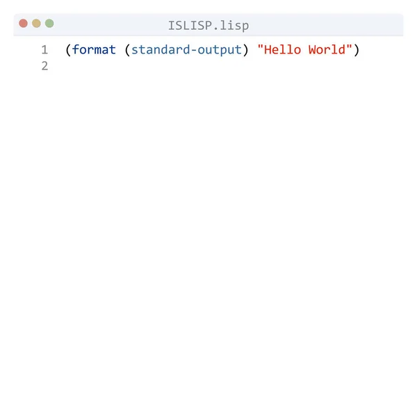 Islisp Language Hello World Program Sample Editor Window — Stock Vector
