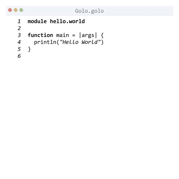 Golo Language Hello World Program Sample Editor Window — Stock Vector